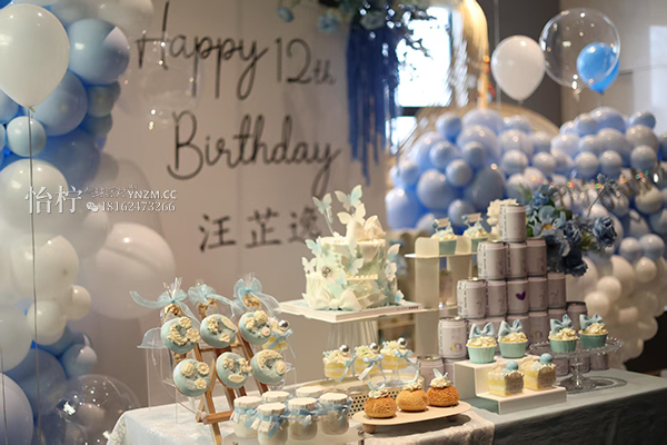 蓝色女孩12岁生日成人礼氛围场景布置装饰气球背景墙kt板-图五