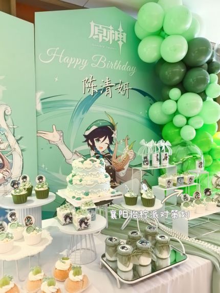 风的祝福·温迪的诗歌甜品套餐(原神主题·温迪的生日祝福)-动物奶油-8+6双层主蛋糕+50个小甜品+送货+1人上门摆好分切+撤场